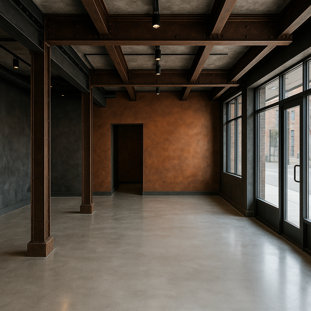 Local comercial reformado con estructura industrial, vigas metálicas y suelo de microcemento