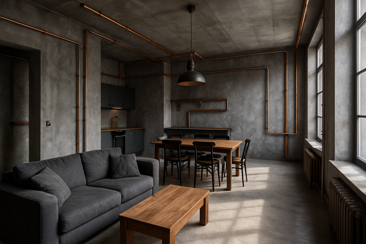 Interior de vivienda reformada en Barcelona con estructura de acero, tonos gris pizarra y detalles en cobre
